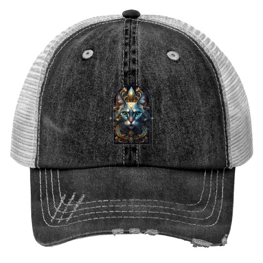Elegant stylish blue and gold cat face Print Trucker Hats