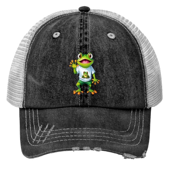 Green Happy Frog Print Trucker Hats