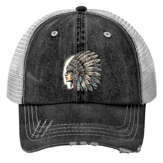 Aztec Warrior Mask with Tribal Art and Ancient Print Trucker Hats
