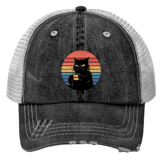 Grumpy Cat with Coffee Retro Style Print Trucker Hats