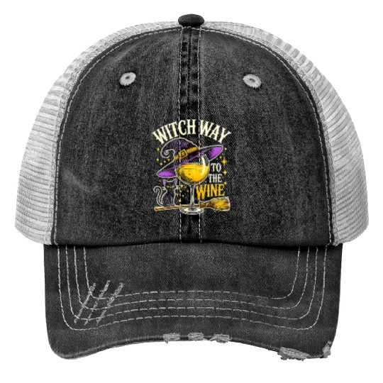 Halloween Witch Hat Wine Glass with Black Cat Print Trucker Hats