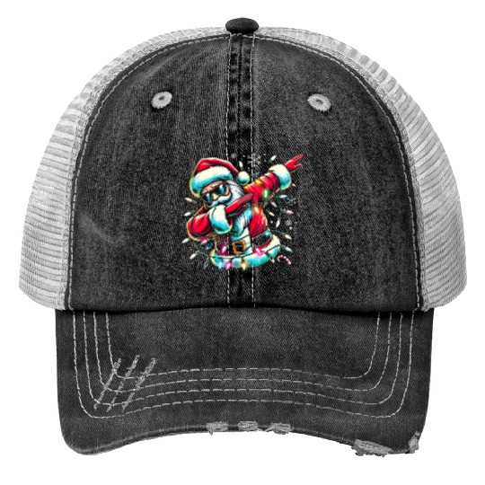 Dabbing Santa with Christmas Lights and Snowflakes Print Trucker Hats