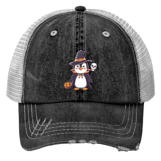 Penguin Halloween Sorcerer with Pumpkin and Skull Print Trucker Hats