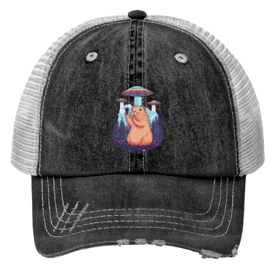 Funny Graphic Print Trucker Hats Capybara Selfie With Ufos Weird