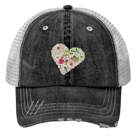 heart of flowers blossoms daisy tulip pink peony Print Trucker Hats