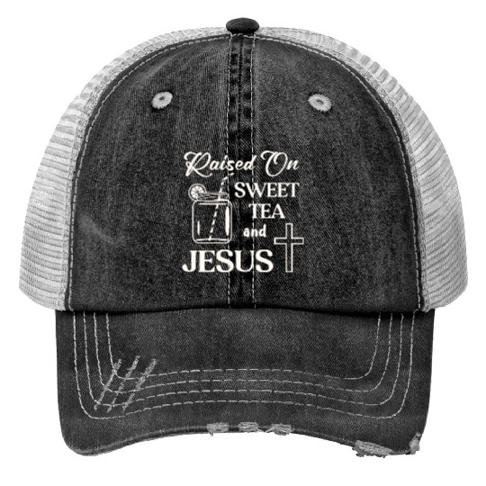 Raised On Sweet Tea And Jesus LIKE US ON FACEBOOK Print Trucker Hats