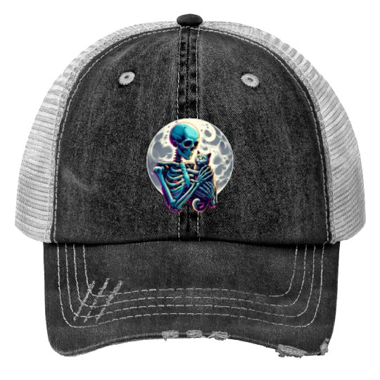 Skeleton Cute Cat Skull Kitty Halloween Print Trucker Hats