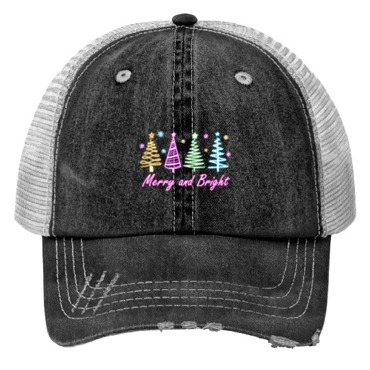 Merry and Bright Tree Neon Christmas Print Trucker Hats