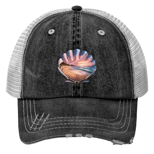 Seashell Beach Scene Serene Ocean Landscape Print Trucker Hats