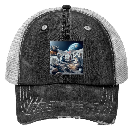 Earth People on Moon Print Trucker Hats