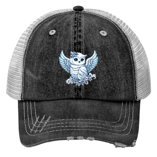 Cute snowy owl blue eyes angel wings cartoon Print Trucker Hats