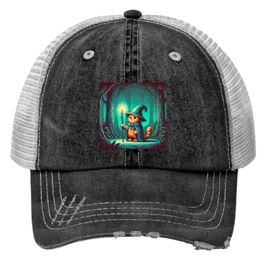 Wizard Cat Print Trucker Hats