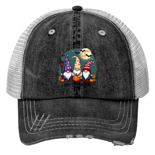 Happy Hallothanksmas Gnomes Celebration with Bats Print Trucker Hats