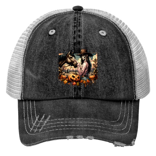 Haunting Cowgirl and Horse in Halloween Graveyard Print Trucker Hats