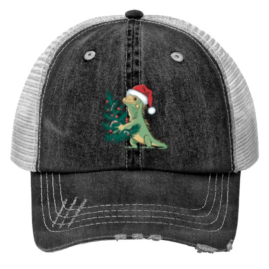 Christmas Tree Santa Iguana Print Trucker Hats