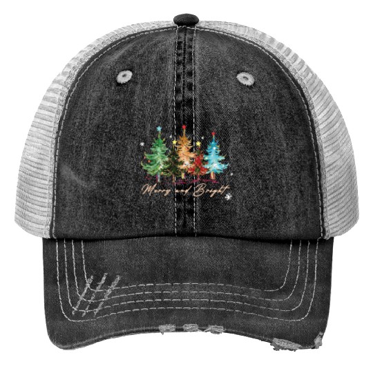 Merry and Bright Trees Vintage Christmas Tree Xmas Print Trucker Hats