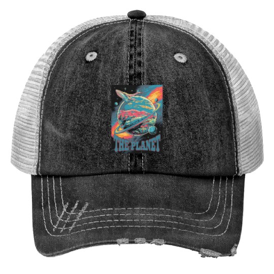 Space Whale Adventure on a Mysterious Planet Print Trucker Hats