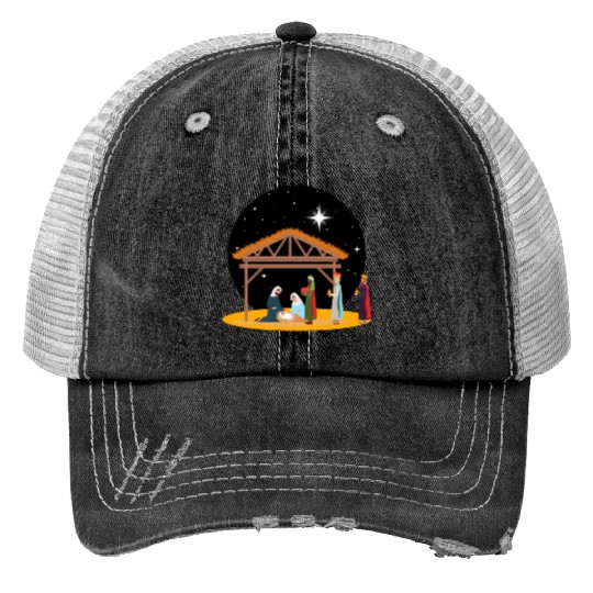 Christmas Holiday Manger Nativity Scene Print Trucker Hats
