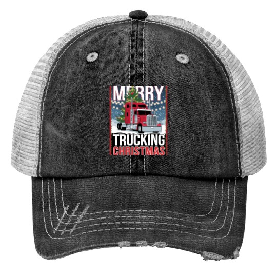 Merry Trucking Christmas Festive Semi-Truck Card Print Trucker Hats