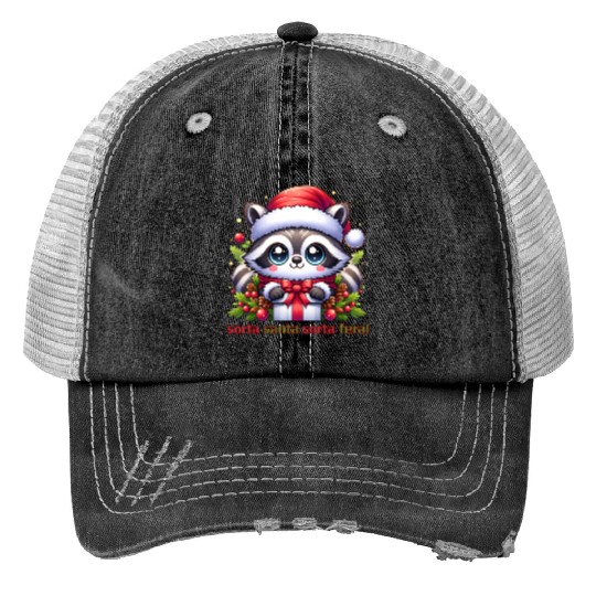 Sorta Santa, Sorta Feral - Cute Christmas Raccoon Print Trucker Hats