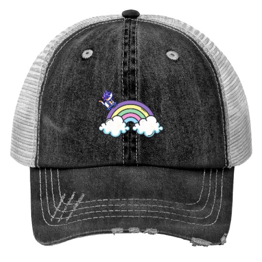 Rainbow Ride: The Skateboarding Cat Print Trucker Hats