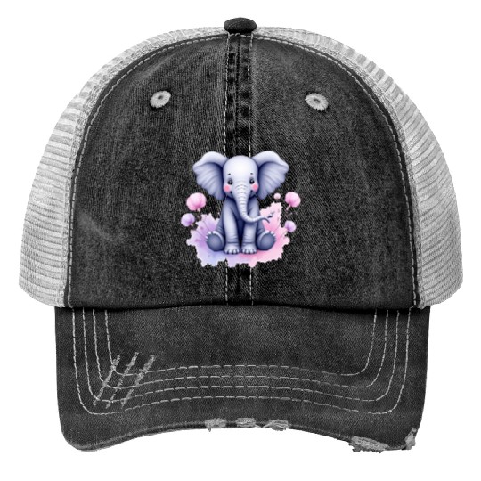 Serene Elephant with Watercolor Splashes Print Trucker Hats