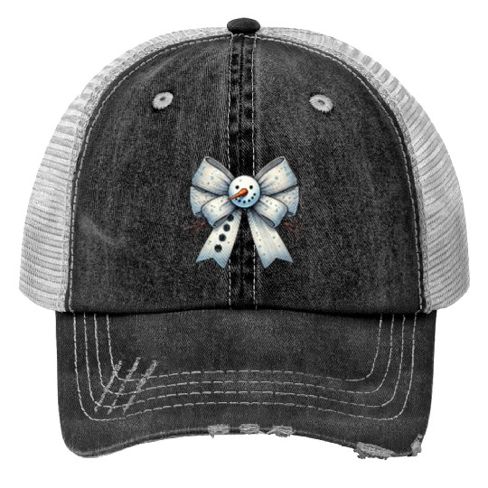 Snowman Coquette Bow, Merry Christmas Print Trucker Hats