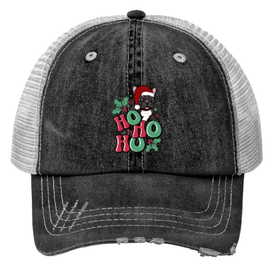 HO HO HO French Bulldog Holly Leaf Funny Print Trucker Hats
