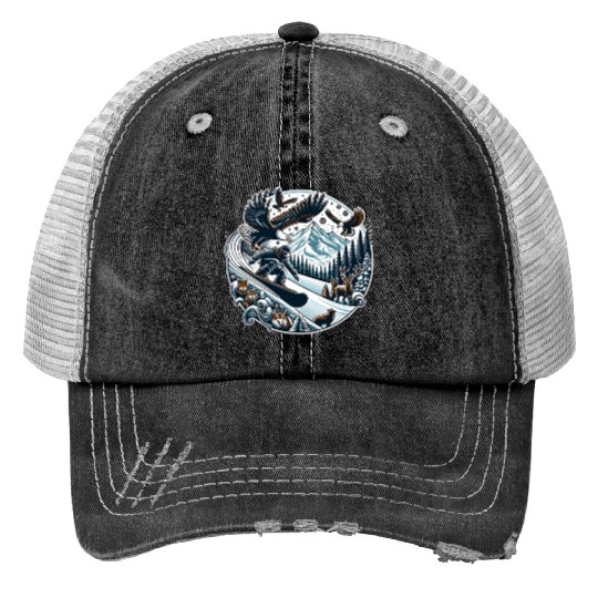 Epic Snowy Mountain Adventures with Wildlife Print Trucker Hats