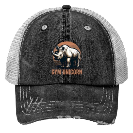 Gym Unicorn Rhino Rhinoceros Safari Vintage Print Trucker Hats