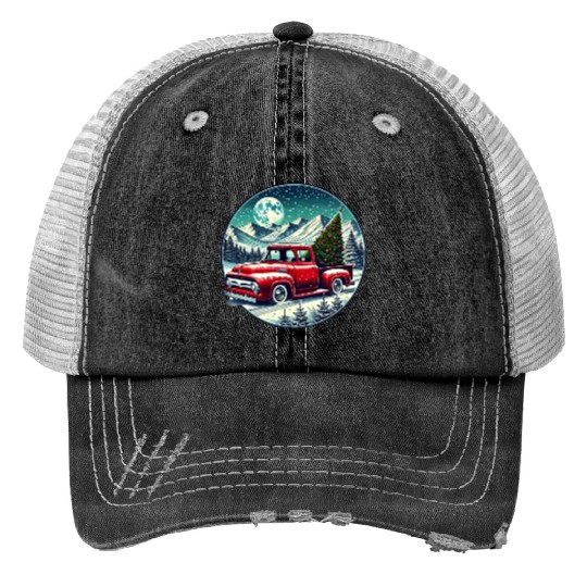 Christmas Truck Adventure Print Trucker Hats
