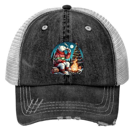 Cozy Christmas Polar Bear: Eggnog & Fireside Cheer Print Trucker Hats