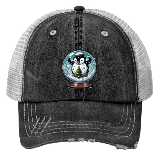 Penguin in a Snow Globe: Christmas Storm & Cheer Print Trucker Hats