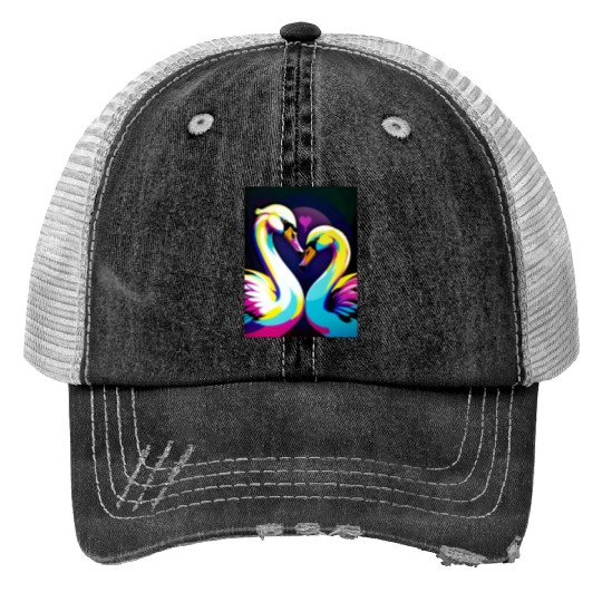 Couple of swans in love love heart Print Trucker Hats