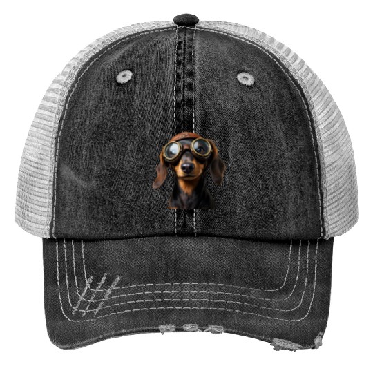 Adventurous Dachshund Aviator Print Trucker Hats