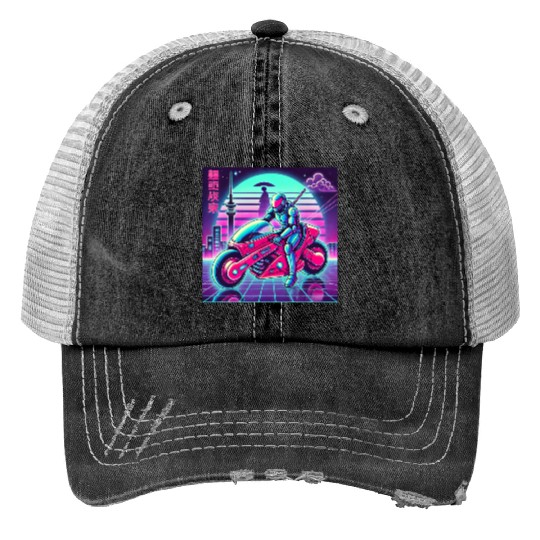 Cyberpunk Neon Rider Print Trucker Hats