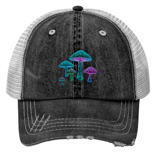 Psychedelic Neon Fungi Glow Print Trucker Hats