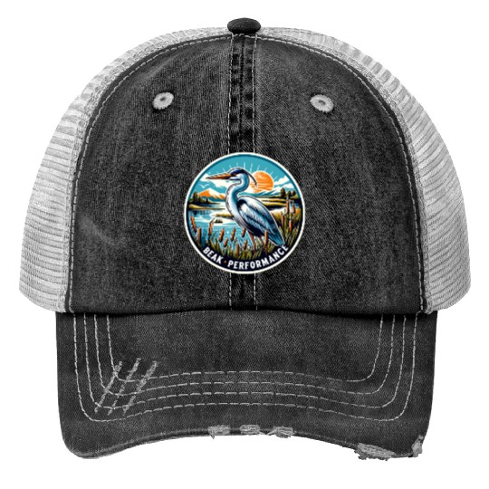Great Blue Heron Beak Performance Retro Print Trucker Hats