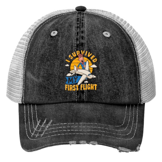 Airplane Plane Ride Takeoff Survived First Flight Print Trucker Hats