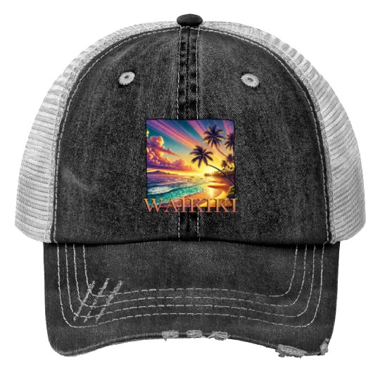 Waikiki Beach Sunset Palm Trees Sea Print Trucker Hats