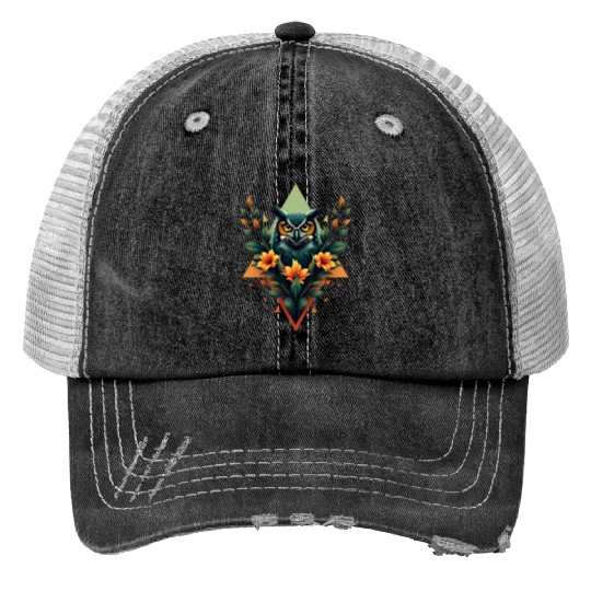 Geometry Owl and Nature Print Trucker Hats