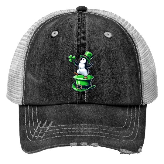 St. Patrick's Day Penguin top hat dancing clover Print Trucker Hats