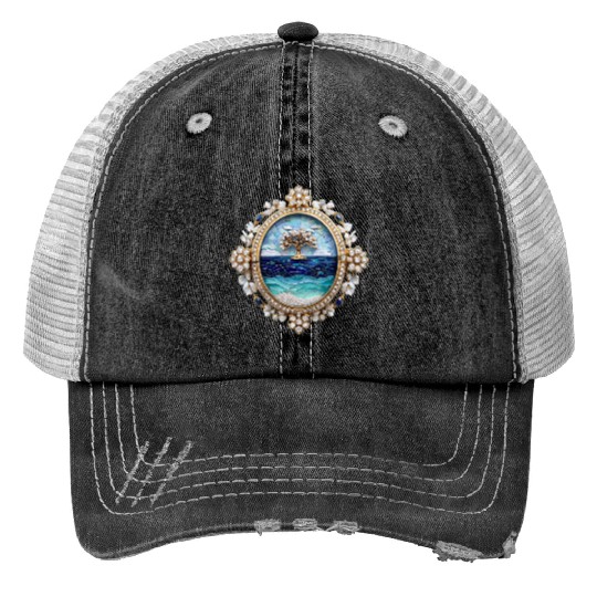 Tree over Ocean-Themed Mosaic Brooch with Diamond Print Trucker Hats