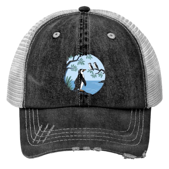 Birdwatching Penguins Nature Scene Print Trucker Hats