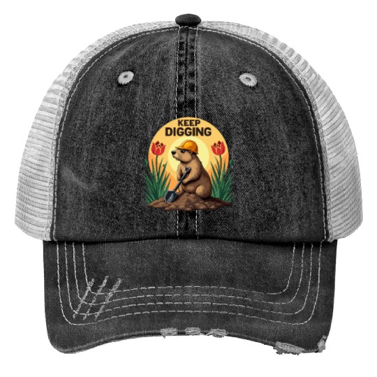 Industrious Groundhog Gardener Print Trucker Hats