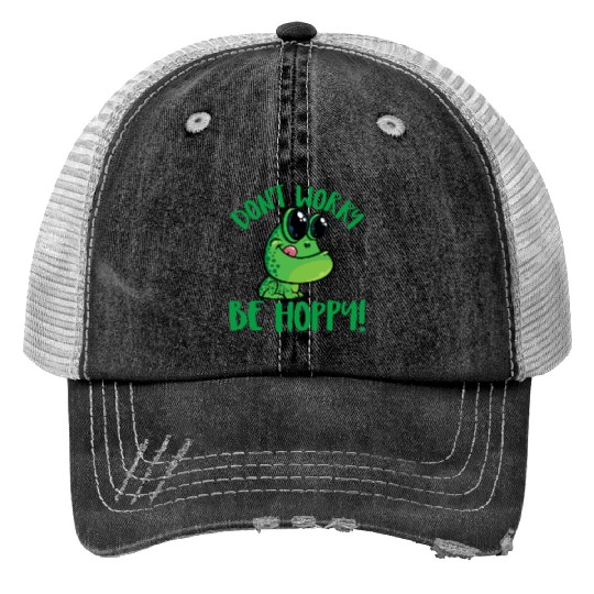 Don't Worry Be Hoppy Smiling Cartoon Frog Print Trucker Hats