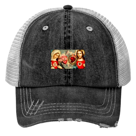 Sacred Heart and Immaculate Heart Jesus and Mary Print Trucker Hats