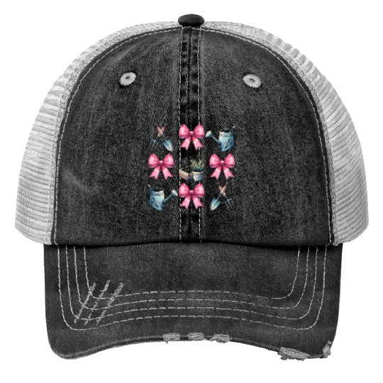 Coquette Bow Gardening Gardener Tools Plants Pink Print Trucker Hats