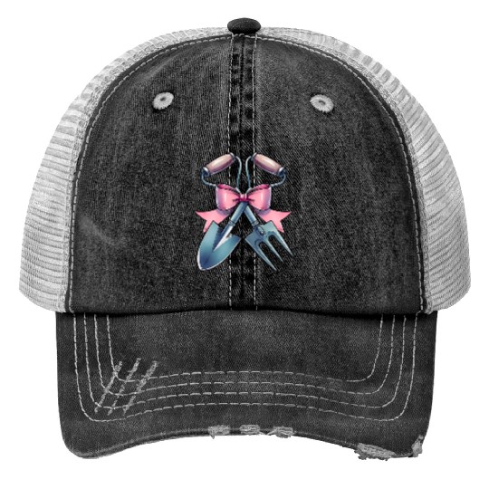 Coquette Bow Gardening Gardener Shovel Pink Ribbon Print Trucker Hats
