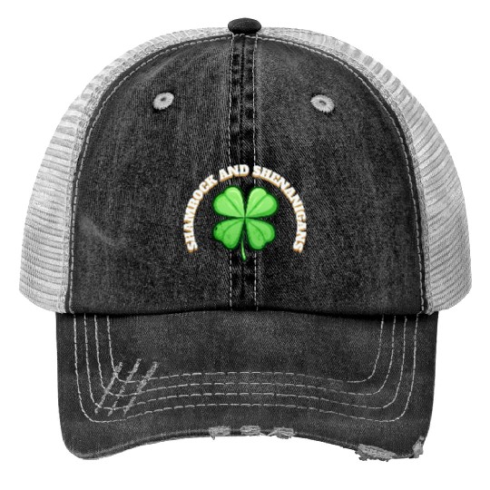 Shamrock and Sheninanigans 4-Leaf Clover Graphic Print Trucker Hats